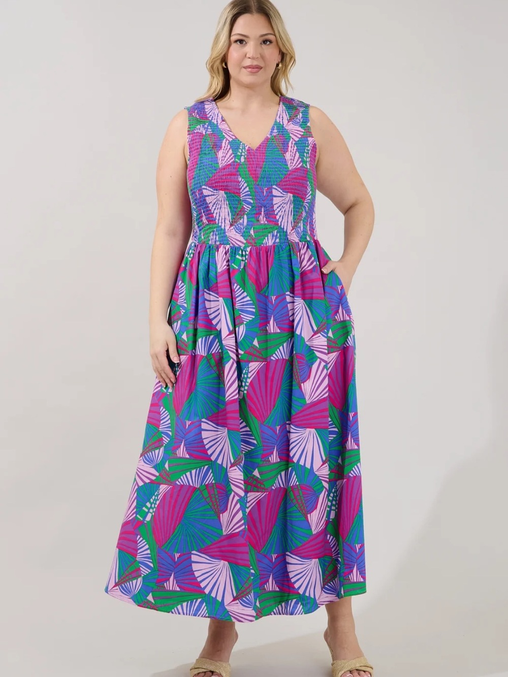 New Merisa Sleeveless Smocked Midi Dress Tropical 2X